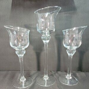Long Stem Clear Glass Tulip Candle Holders Set of 3
